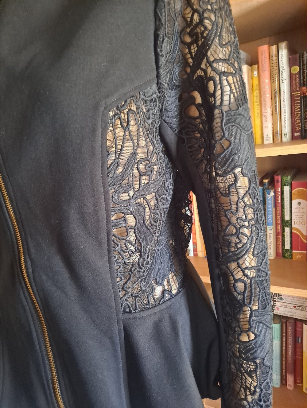 XOXO Elegant Black Lace-Sleeve Zip-Front Jacket - Picture 6 of 11